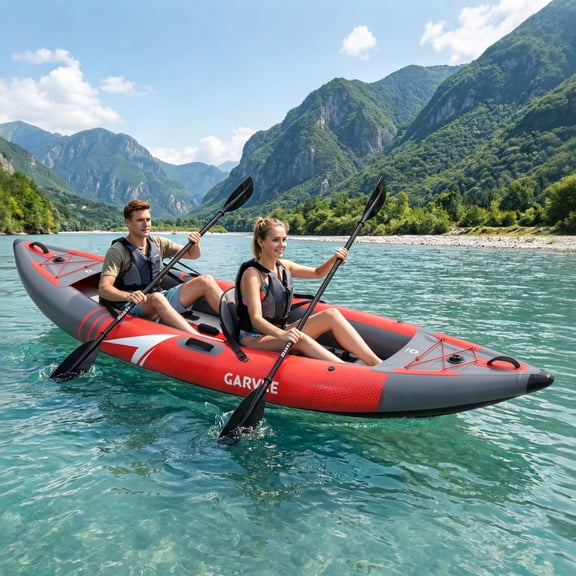 Aprafie Inflatable Kayak 2 Person Adult, Portable Recreational Kayak with Padded Seat, Hand Pump & Storage Bag for Beginners, Red