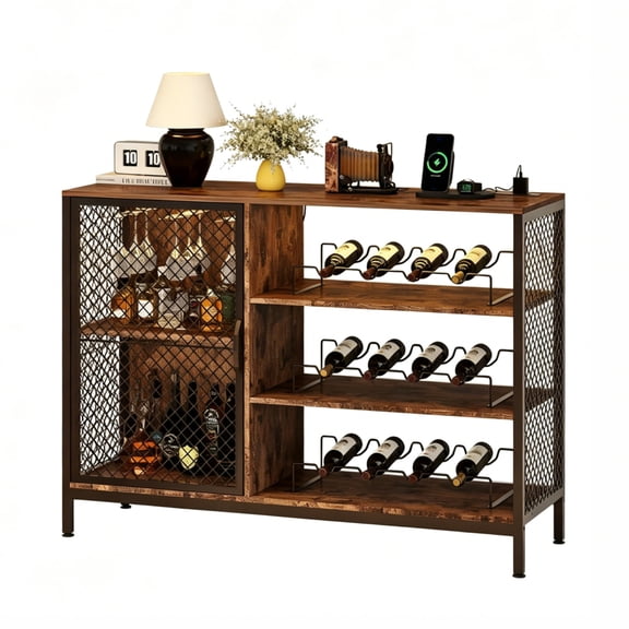 Aprafie Mini Bar Cabinet, 41.73" Liquor Cabinet with LED Lights, Built-in Power Outlets & Mesh Storage Doors for Home, Rustic Brown