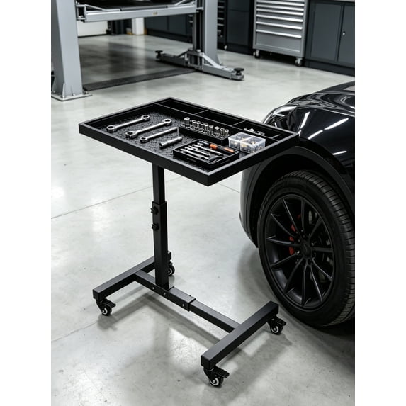Aprafie Rolling Tool Tray, Portable Work Table with Adjustable Height & Lockable Wheels for Garage, Repair Shop, 200lbs Capacity, Black