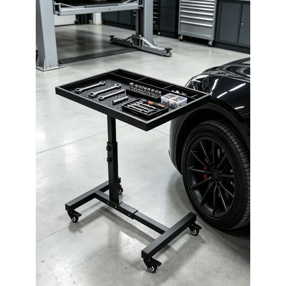 Aprafie Rolling Tool Tray, Portable Work Table with Adjustable Height & Lockable Wheels for Garage, Repair Shop, 200lbs Capacity, Black