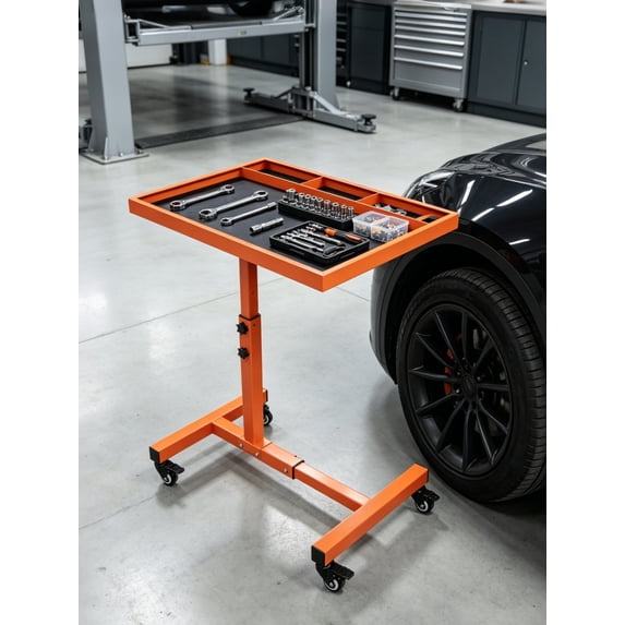 Aprafie Rolling Tool Tray, Portable Work Table with Adjustable Height & Lockable Wheels for Garage, Repair Shop, 200lbs Capacity, Orange