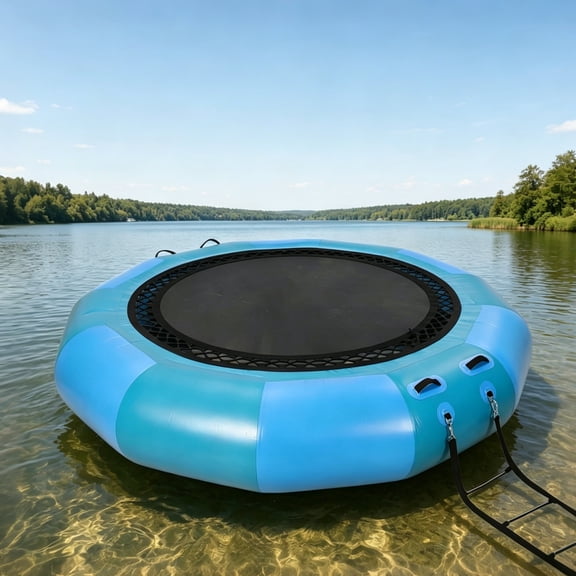Aprafie Water Trampoline for Lake, 10 x 10 ft Inflatable Trampoline with 4-Step Rope Ladder, Storage Bag & Electric Pump, Blue