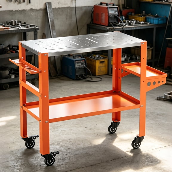 Aprafie Welding Table for Garage, 36" x 18" Rolling Workbench with Fixture Holes, Tool Trays & Tool Rack, 1200lbs Capacity, Orange