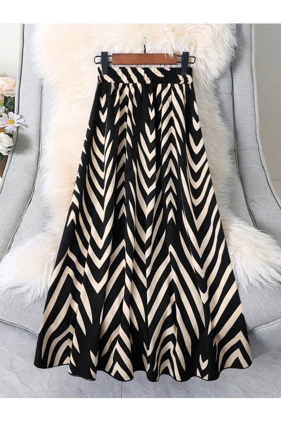 Apricot Black High Waist Flared Skirt With Chevron Pattern, Flowing A-Line Design For Casual Spring Summer Wear