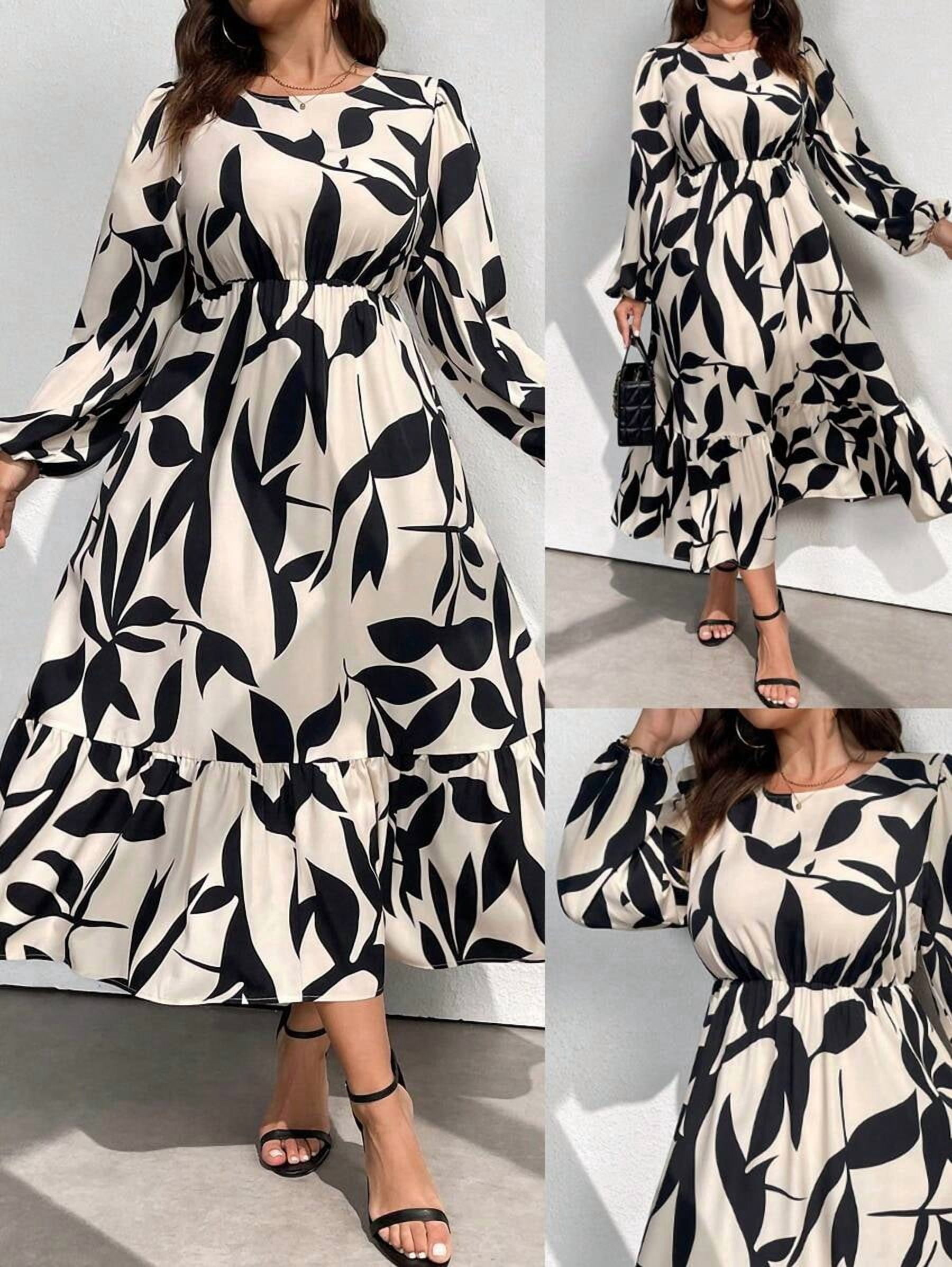 Apricot Black Leaf Print Lantern Sleeve Maxi Dress Women Casual A-Line ...