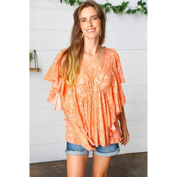 Apricot Boho Print Button Detail Side Ruffle Top