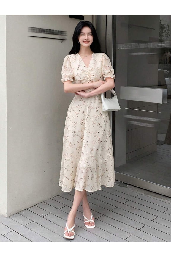 Apricot Ditsy Floral Print Ruched Bust Puff Sleeve Ruffle Hem Midi Sundress