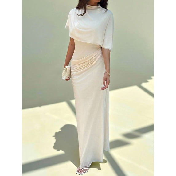 Apricot Elegant Cowl Neck Ruched Waist Maxi Dress, Minimalist Long Dress For Work Date Vacation