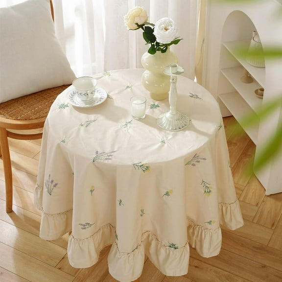 Apricot Embroidered Floral Tablecloth with Ruffled Hem- Round Cover for Coffee Table & Dining Table