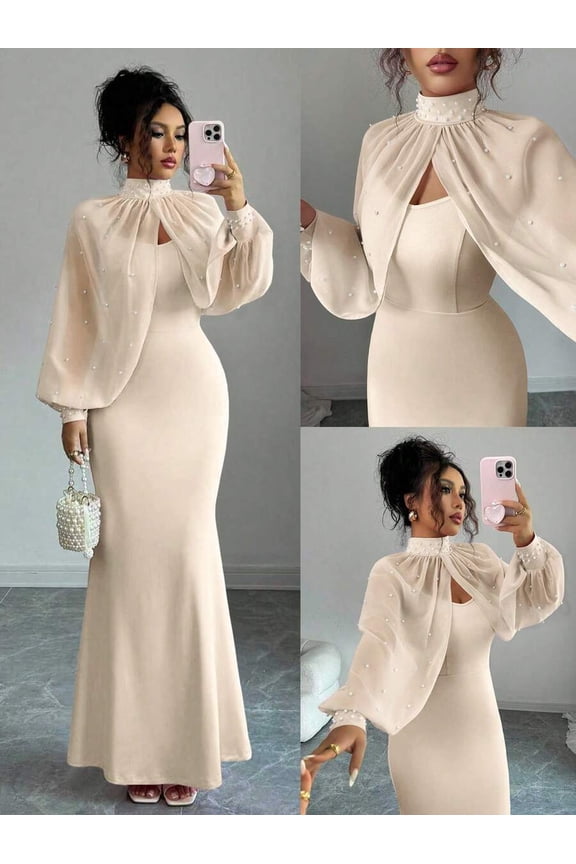 Apricot Evening Gown With Beaded Sheer Cape, Mermaid Bodycon Slip Dress