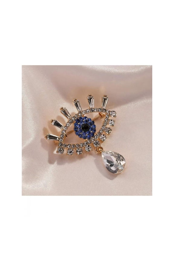Apricot Evil Eye Brooch With Blue Rhinestones And Teardrop Crystal Pendant - Elegant Fashion Pin For Jackets Sweaters Collars