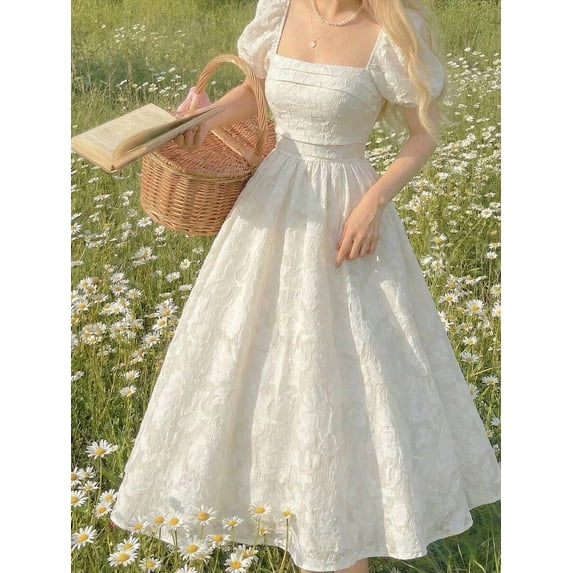 Apricot Floral Embossed Midi Dress With Puff Sleeves, Square Neck, Fitted Waist