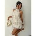 thumbnail image 1 of Apricot Floral Embroidered Halter Neck Tiered Chiffon Mini Dress For Women, 1 of 8