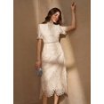 thumbnail image 1 of Apricot Floral Lace High Neck Short Sleeve Sheath Midi Dress, 1 of 30