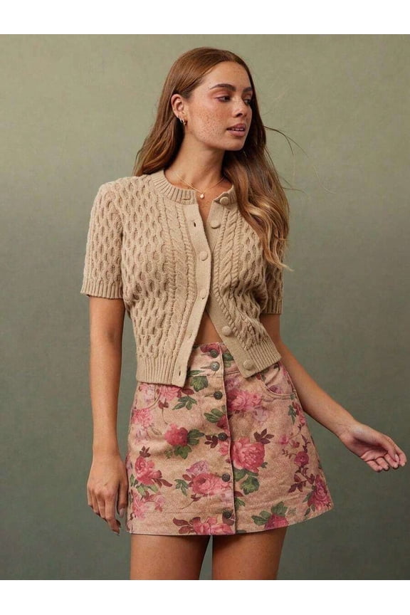 Apricot Floral Print High-Waist Button-Front A-Line Denim Mini Skirt