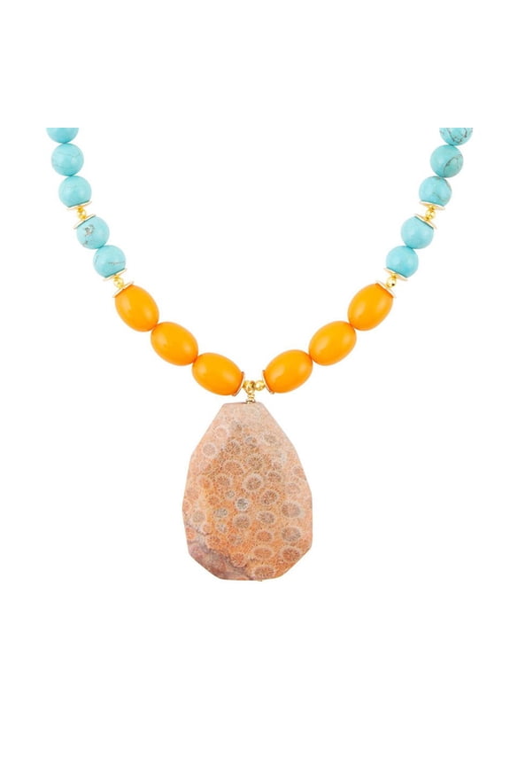 Apricot Fossil Blue Magnesite Golden Pendant Necklace