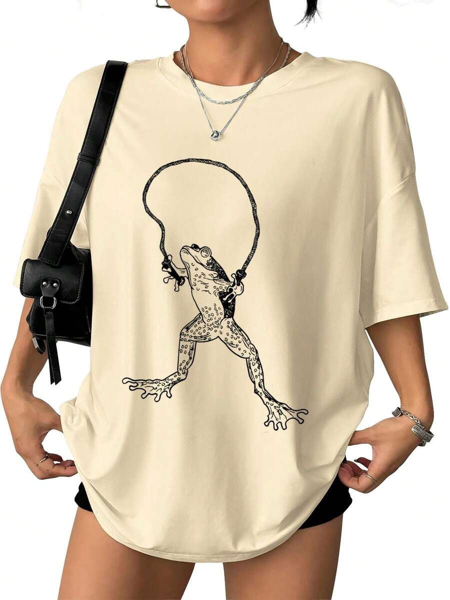 Apricot Funny Frog Skipping Rope Graphic Crew Neck Oversized T-Shirt ...