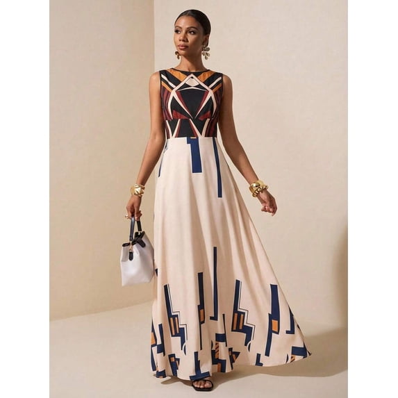 Apricot Geometric Print Sleeveless Maxi Dress For Summer Festival, Vacation, Beach, Street Style