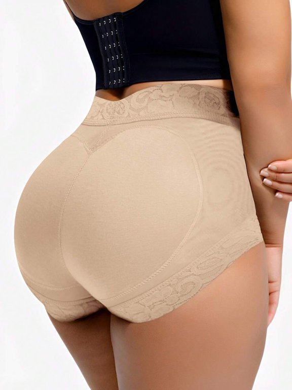 Apricot High Waist Hip Padded Shapewear Briefs With Lace Trim