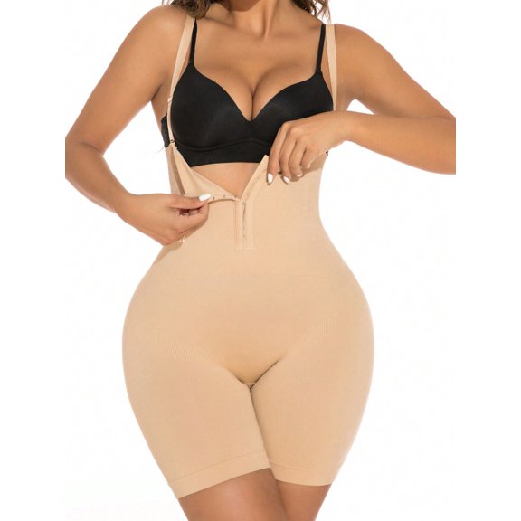 Apricot High-Waist Shapewear Romper With Front Hook & Eye Closure