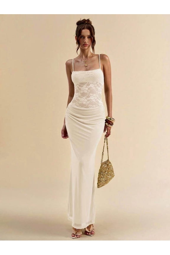 Apricot Lace Sheer Slip Maxi Dress With Ruched Waist And Spaghetti Straps