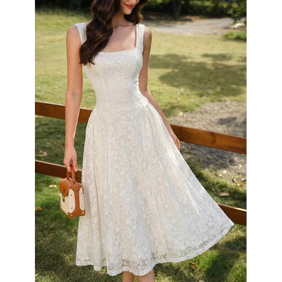 Apricot Lace Square Neck Midi Dress For Women, Fit & Flare Style, Casual Summer Wedding Guest Outfit