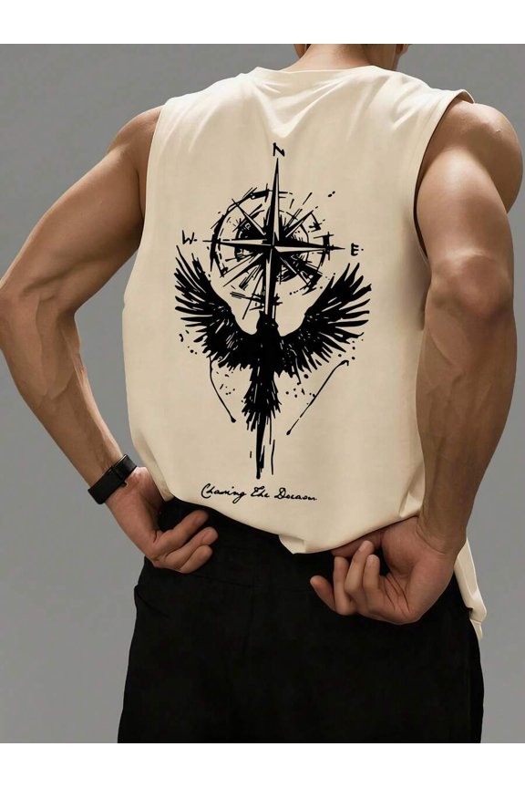 Apricot Mens Muscle Tank Top With Black Compass And Raven Graphic Print