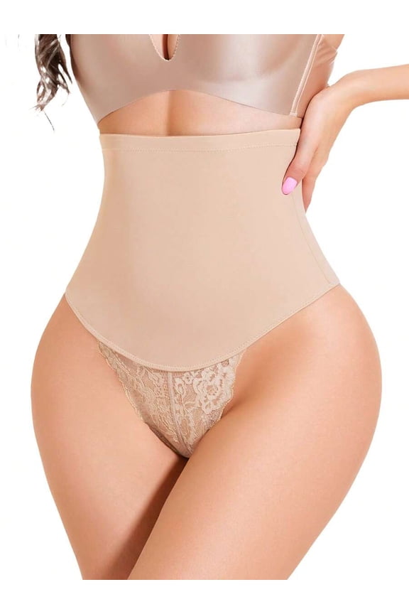 Apricot Mid-Waist Lace Trim Shaping Thong – Tummy Control Compression Panty