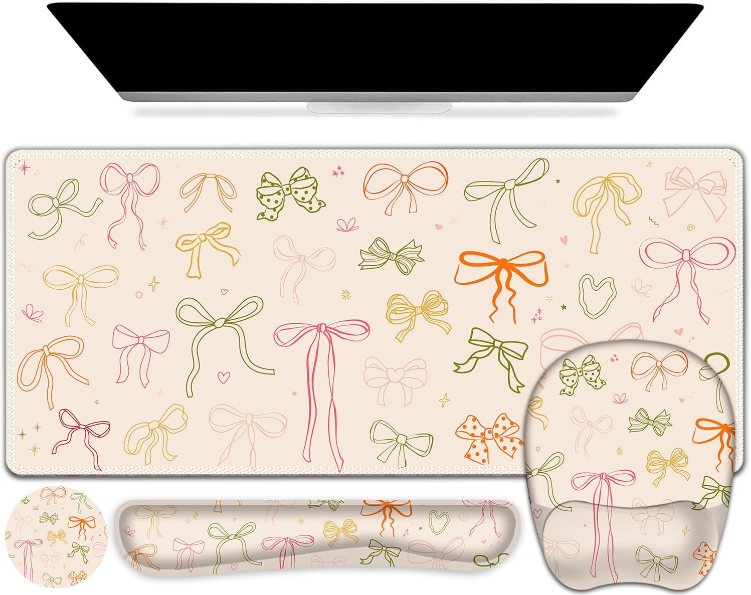 Apricot Mouse Pad with Wrist Support 4 in1 Set, XXL Big Game Mousepad + Keyboard Wrist Rest + Mouse Wrist Rest Pad +Coaster Gaming Mat for Home Office Work Computer I Colorful Cute Girl's Bow