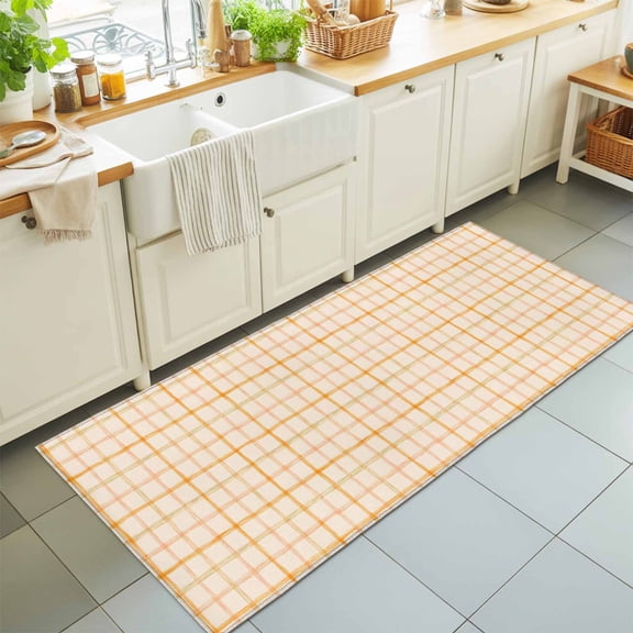 Apricot Orange Grid Washable Runner Rugs 2'x6', Muted Ochre Narrow Plaid Grid Minimalist Washable Runner Rug Non-Slip Sturdy Edge Binding Carpet for Bedside Hallway Runner Kitchen Galley
