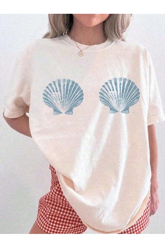 Apricot Oversized Coastal Shell Graphic T-Shirt For Women