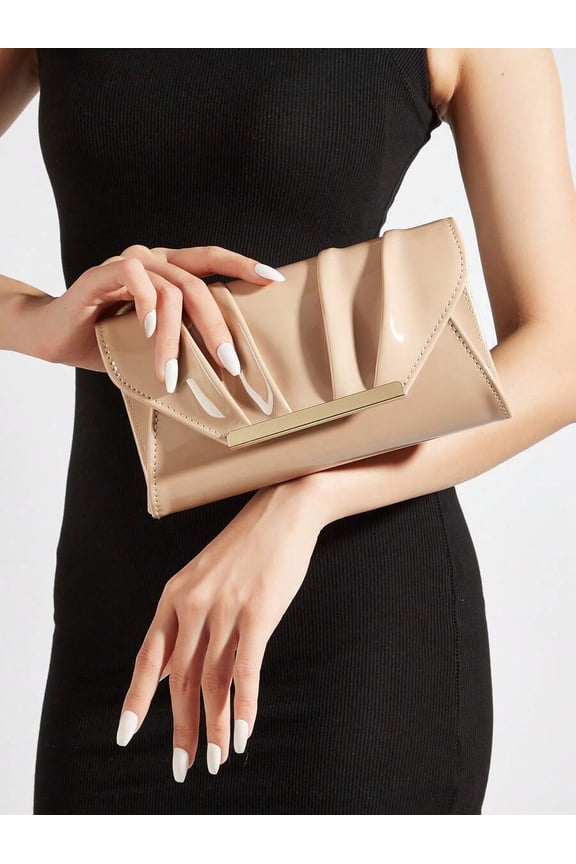Apricot Patent Faux Leather Pleated Flap Clutch Evening Handbag Compact