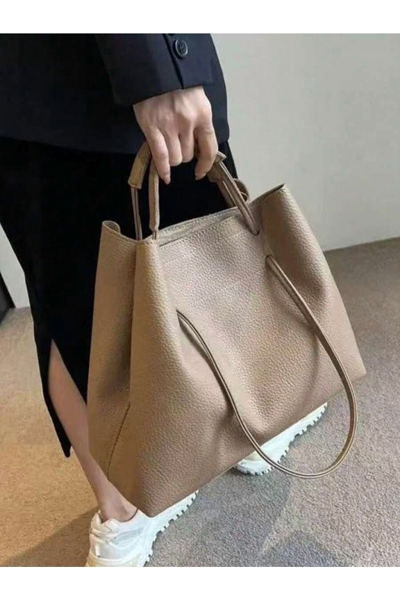 Apricot Pebbled Leather Tote Shoulder Bag With Drawstring Closure Large