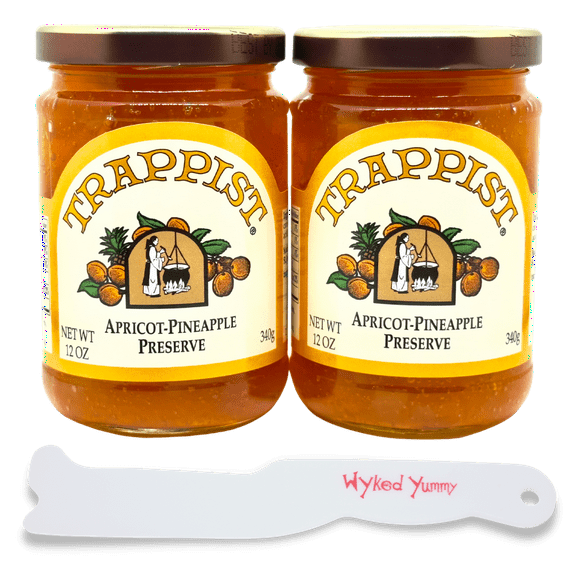 Apricot-Pineapple Preserve Bundle with (2) 12 Ounce Jars of Trappist Apricot Pineapple Preserve and (1) Spreader Plastic Knife and Jar Scraper Delicious Topping for Baked Ham