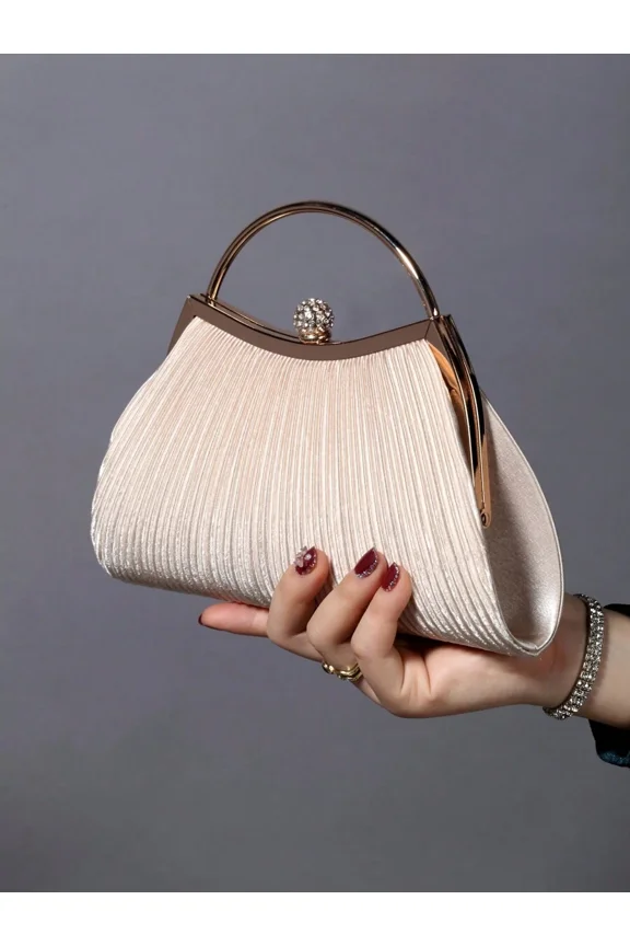 Apricot Pleated Metal Frame Clutch Evening Handbag