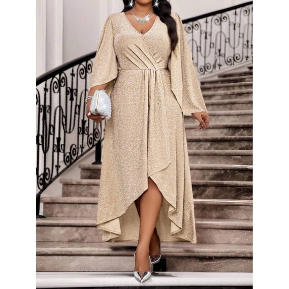 Apricot Plus Size Shiny Wrap V-Neck High-Low Dress With Flared Sleeve For Wedding Guest Cocktail Party