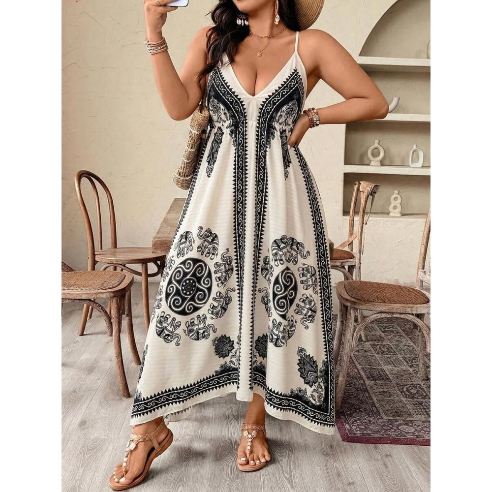 Apricot Plus Size Women Elephant Print V-Neck Asymmetric Camisole Maxi ...