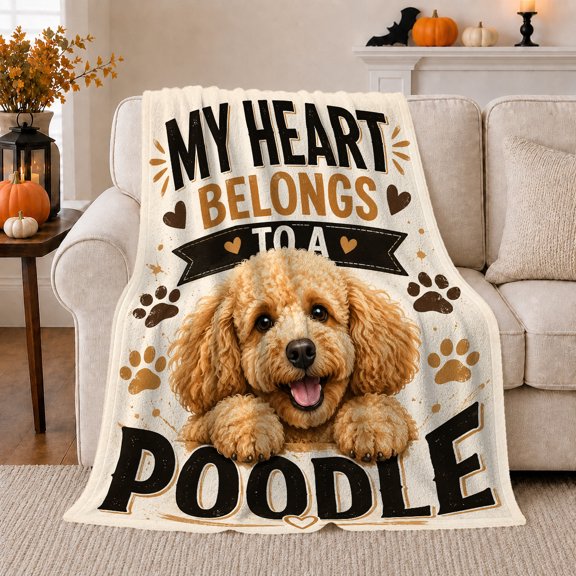 Apricot Poodle Puppy Autumn Quote, Festive Pet Portrait Pattern, Warm Flannel Blanket for Living Room and Reading Nook, Dog Moms Thanksgiving Gift, Pet Lover Home Decor