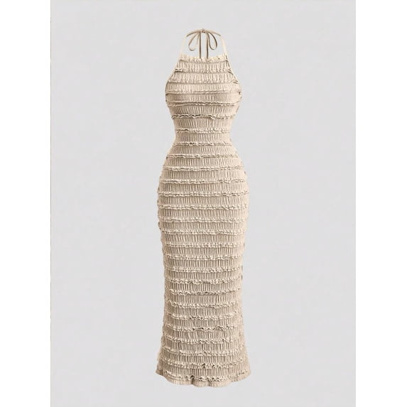 Apricot Ruched Halter Maxi Dress With Adjustable Neck Tie