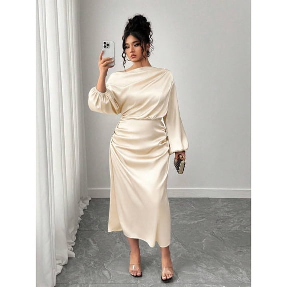 Apricot Satin Asymmetric Cowl Neck Ruched Waist A-Line Midi Dress