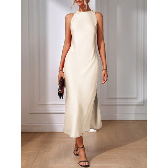 Apricot Sleeveless High Neck Maxi Dress With Fishtail Hem And Side Slit