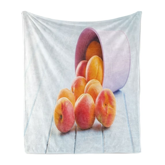 Apricot Soft Flannel Fleece Throw Blanket, Fruit Freshness Summer Tasty Food in Bucket on Wooden Table Photo, Cozy Plush for Indoor and Outdoor Use, 50" x 70", Baby Blue and Multicolor, by Ambesonne