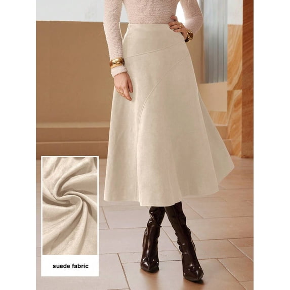 Apricot Solid Color Faux Suede Flared Elegant Long Skirt For Women
