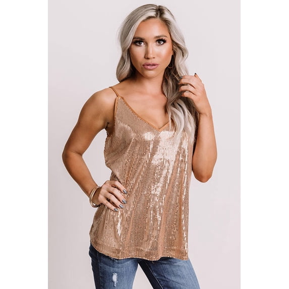 Apricot Spaghetti Strap Sequin Tank Top