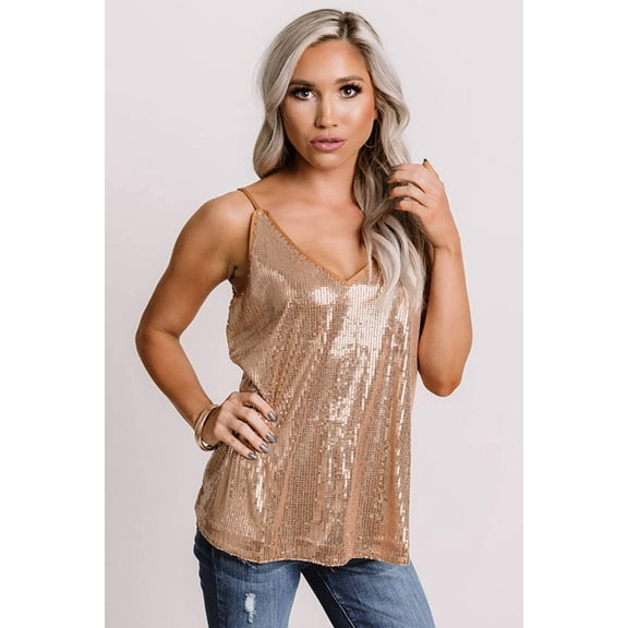 Apricot Spaghetti Strap Sequin Tank Top