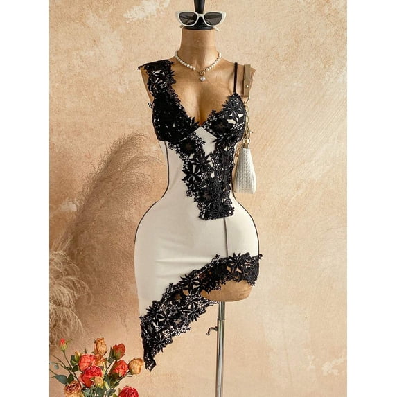 Apricot Spaghetti Strap V-Neck Lace Patchwork Bodycon Mini Dress, Elegant Party Night Dress For Women