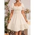 thumbnail image 1 of Apricot Square Neck Ruched Waist A-Line Dress With Puffed Sleeves And Tiered Hem, 1 of 6
