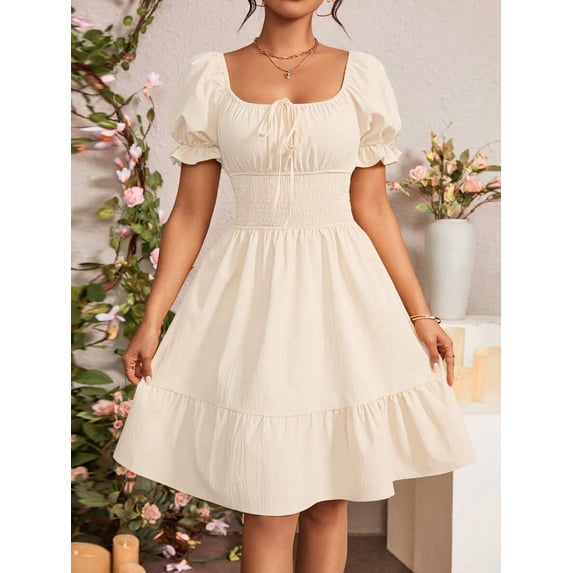 Apricot Square Neck Ruched Waist A-Line Dress With Puffed Sleeves And Tiered Hem