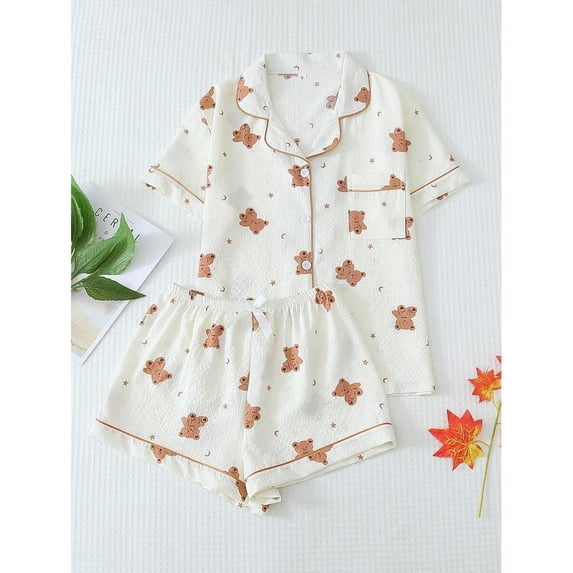 Apricot Teddy Bear Print Pajama Set: Short Sleeve Button-Up Top & Shorts