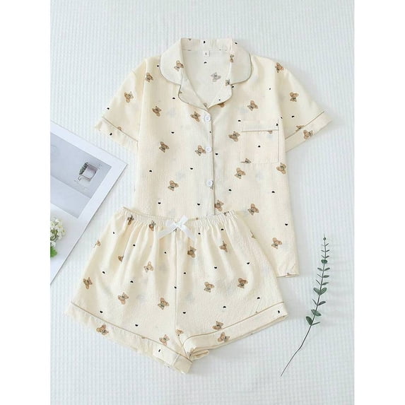 Apricot Teddy Bear Print Womens Short Sleeve Pajama Set With Shorts